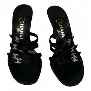 CHANEL rhinestone CC strap sandals heels